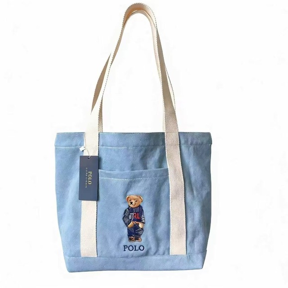 Polo Ralph Lauren Handbags - Polo by Ralph Lauren Light Blue Denim Tote Bag Bear Embroidered